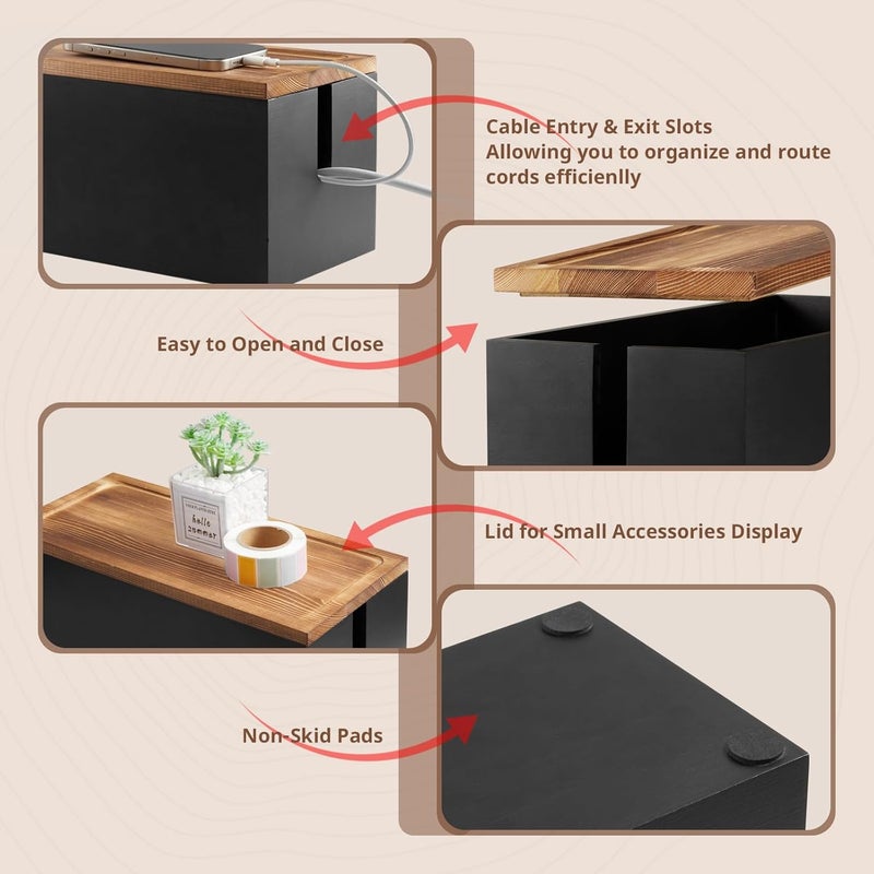 CMLKLZD Wood Cable Management Box - Cable Organizer Box - 2 Open Slots Cords Hider Box - Under Desk Cord Organizer for Power Strip Extension Cord Surge Protector Charger Wire, Black - Image 3